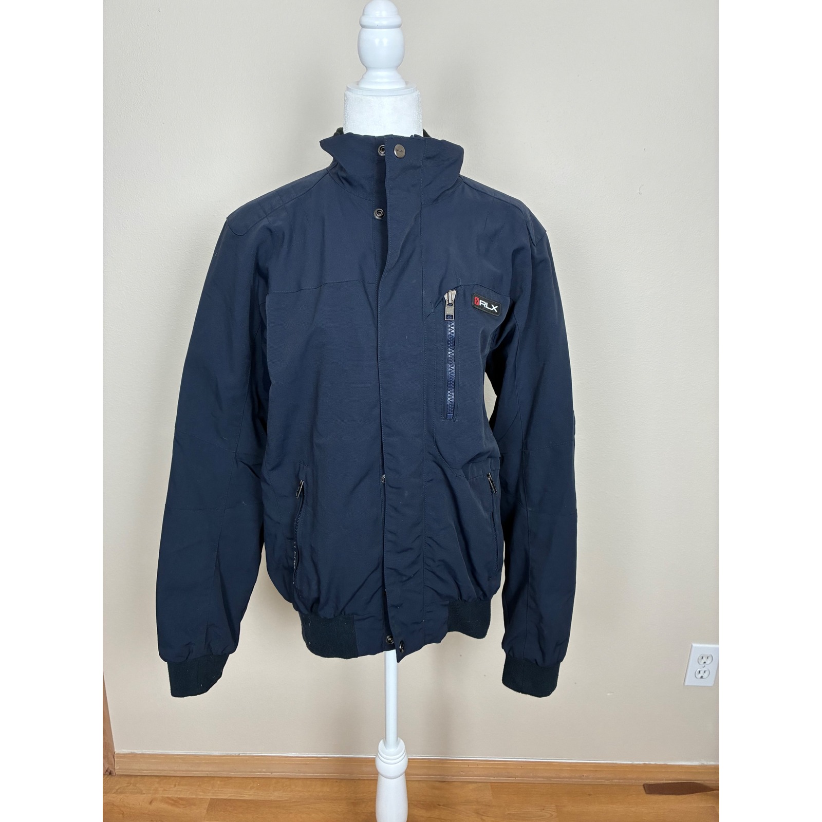 Rlx Ralph Lauren Mens Navy Blue Full Zip Mesh Lined Bomber Jacket Size Medium